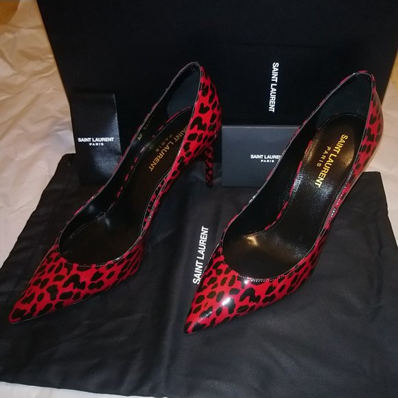 Saint Laurent ZOE 85MM Red Leopard Animal Print Patent Leather Pumps - Picture 5 of 12